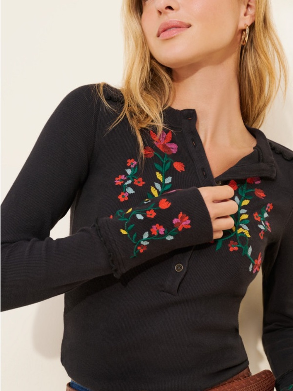Free People Black Long-Sleeve Henley with Colorful Floral Embroidery